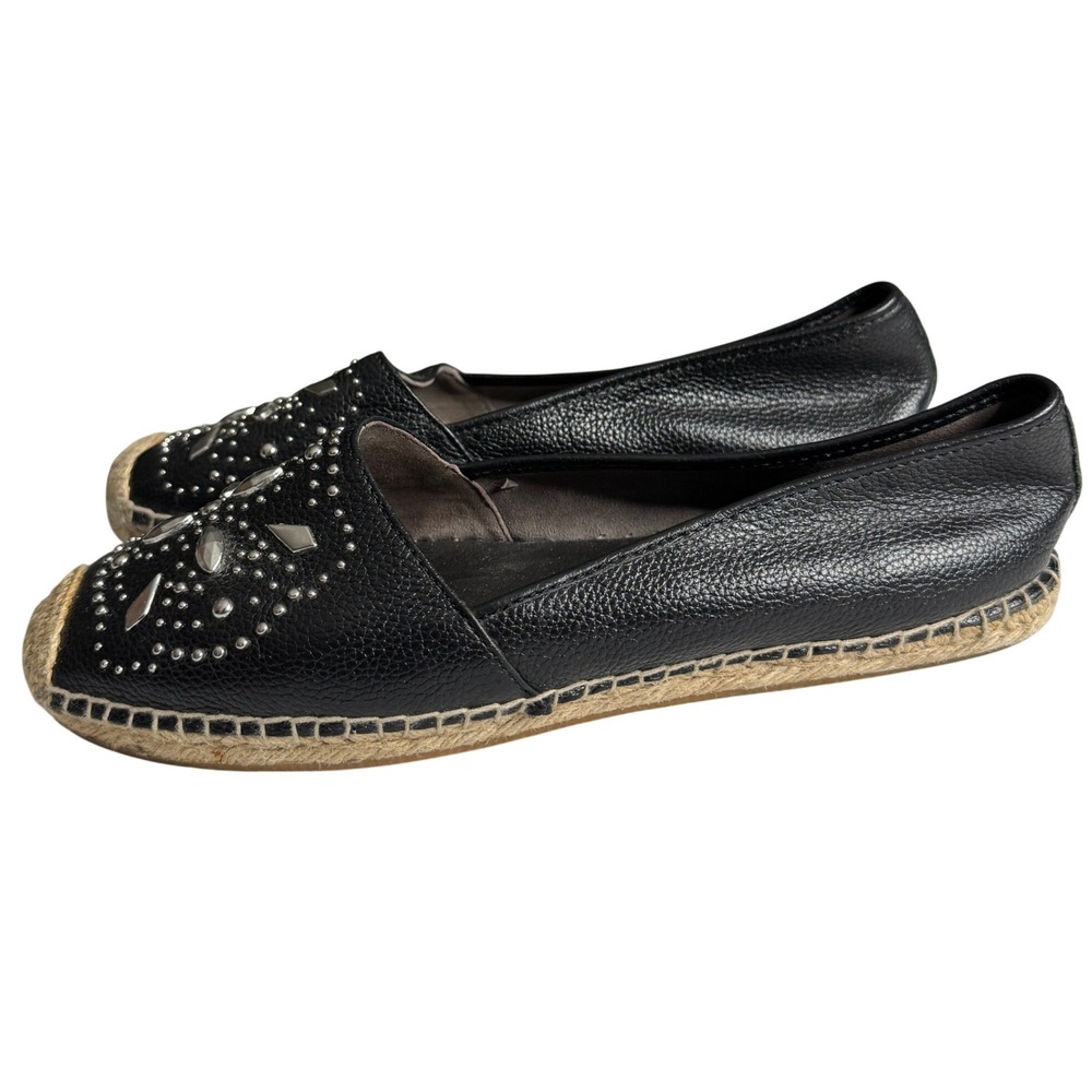 Brighton Jett Black Leather Studded Espadrille Flats Shoes Womens 10 Silver Stud
